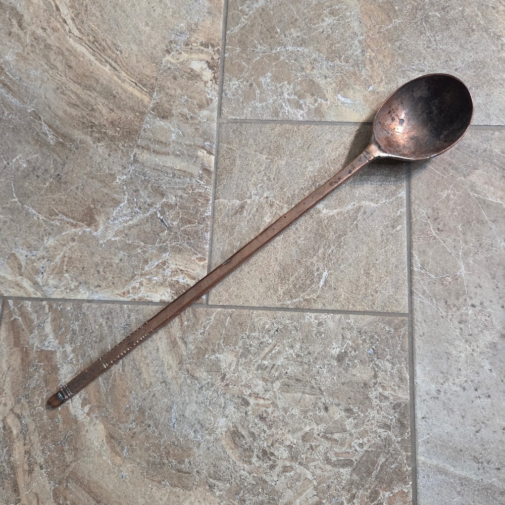 Vintage Handcrafted Long Handle Brass Spoon Etched Primitive Decorative Ladle 17 - Picture 12 of 13